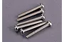 A set of six silver-coloured metal binder head screws arranged in a cluster on a grey background.
