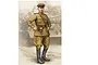 An artistic illustration of a WWII Soviet officer in uniform standing in front of a tank, used for the Trumpeter 1/16 scale model kit box art.
