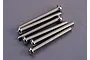 A set of six silver-coloured metal binder head screws arranged in a cluster on a grey background.