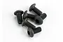 A small pile of six black metal button head screws with hex drive sockets on a white background.