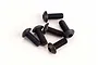 A group of six black metal button head screws with hex drive sockets, arranged on a plain white background.