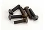 A small pile of six black metal button head screws with hex drive sockets, isolated on a white background.