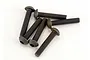 A cluster of six black metal button head screws with hex drive sockets, arranged on a white background.