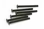 A set of six black metal button head screws with fine threading arranged on a white background.