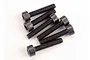 A group of six black metal cap head screws arranged on a white background.