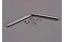 Two silver metal suspension pins and four small E-clips arranged on a grey surface.