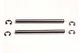 Two silver metal suspension pins and four small E-clips arranged on a plain white background.