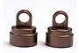 Two brown anodized aluminium shock caps for Traxxas RC vehicles, shown side-by-side against a white background.