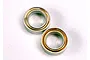 Two small metal ball bearings with gold-coloured shields on a white background.