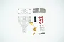 A set of GPM Racing stainless steel spare tyre mount components including metal plates, screws, nuts, and red washers on a white background.