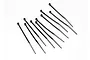 A set of ten small black plastic cable ties arranged on a plain white background.