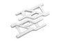 Two white Traxxas heavy-duty front suspension arms for RC vehicles, shown from an overhead angle against a white background.