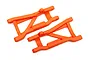 A pair of bright orange Traxxas heavy-duty rear suspension arms for RC vehicles, shown from a top-down perspective on a white background.