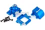 A set of blue anodized aluminium RC gearbox case components and black mounting screws on a white background.