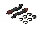 Two ARRMA RC front shock absorbers with black bodies and red adjustment collars, accompanied by five black plastic spring preload spacers.
