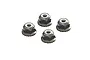 Four silver-coloured 4mm flanged serrated nyloc nuts for RC vehicles, arranged in a group on a plain white background.