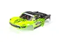 ARRMA Senton 3S BLX 1/10 scale short course truck body shell in neon green and black with sponsor decals.