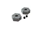 Two grey Arrma steel 14mm wheel hexes with two small black set screws on a white background.