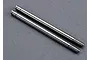 Two silver metal RC shock shafts with threaded ends and grooves for clips, laid side-by-side on a grey textured surface.