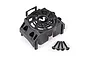 Traxxas Velineon 540XL motor cooling fan cover in black plastic with four mounting screws on a white background.