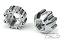 Two silver aluminium wheel hex adapters for RC cars, showing the 8-bolt pattern and 17mm hex interface.