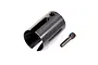 A black metal Traxxas Maxx 4S drive cup and a matching screw pin with blue thread locker on a white background.