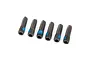 A set of six black metal grub screws with blue thread locker on the threads, arranged in a row on a white background.