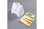 A white plastic RC airplane cowl for the E-Flite Apprentice STS, including small screws and decal sheets with SAFE logos and orange trim.