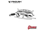 Vanquish Products silver aluminium Currie F9 front portal axle housing kit for RC crawlers, including axle housing, shafts, links, and hardware.
