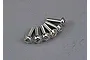 A set of six silver-coloured metal washer head screws arranged in a fan shape on a grey background.