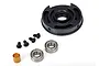 Traxxas Velineon 3500 motor rebuild kit components including a black motor end bell, two ball bearings, four screws, and a brass bushing.
