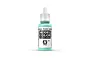 A 17ml bottle of Vallejo Model Color Verdigris acrylic paint, featuring a light turquoise-green color and a white dropper cap.