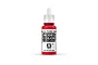 A 17ml bottle of Vallejo Model Color Vermillion acrylic paint, featuring a red label and white dropper cap against a white background.