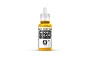 A 17ml bottle of Vallejo Model Color Transparent Yellow acrylic paint, featuring a white dropper cap and a yellow label with black text.