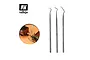 A set of three Vallejo stainless steel probes for modelling, shown alongside an inset image of the tools being used on a model railway wagon.