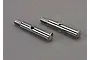 Two shiny metal front axle pins for a Traxxas RC vehicle, shown against a grey background.