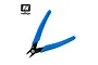 Vallejo branded side cutters with blue rubberized handles and black metal jaws on a white background.