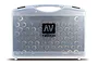 A translucent plastic carry case filled with numerous Vallejo paint bottles, featuring the Vallejo AV logo on the front.