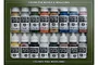 A Vallejo Model Colour paint set containing 16 assorted acrylic paint bottles in a green cardboard display box with a clear plastic window.