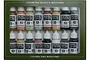 A Vallejo Model Color paint set containing 16 individual acrylic paint bottles in a green cardboard display box.