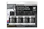 Vallejo Metal Color Aluminium Dope paint set containing four 32ml bottles of metallic acrylic airbrush paint in a blister pack.