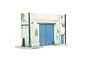 A 1/35 scale model of a weathered factory facade with blue doors and exposed brickwork, suitable for military dioramas.
