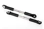 Two Traxxas RC turnbuckles with black plastic rod ends and silver metal threaded rods on a white background.