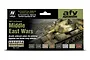 Vallejo Model Air Middle East Wars paint set box featuring an image of a camouflaged tank and eight 17ml paint bottles.