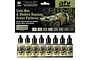 Vallejo Model Air Cold War & Modern Russian Green Patterns paint set featuring eight 17ml acrylic airbrush paint bottles and display packaging.