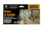Vallejo Model Air Ruins & Rubble paint set packaging featuring eight 17ml bottles and a diorama example.