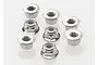 A group of eight silver-coloured flanged serrated nyloc nuts arranged on a white background.