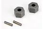 Two grey plastic 12mm wheel hexes and two metal axle pins for Traxxas RC vehicles.