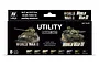 Vallejo Utility Paint Set box featuring WWII and WWIII tank illustrations and a list of 8 included acrylic paint colors.