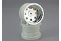 Two Traxxas 2.2-inch slotted chrome RC wheels stacked vertically against a grey background.